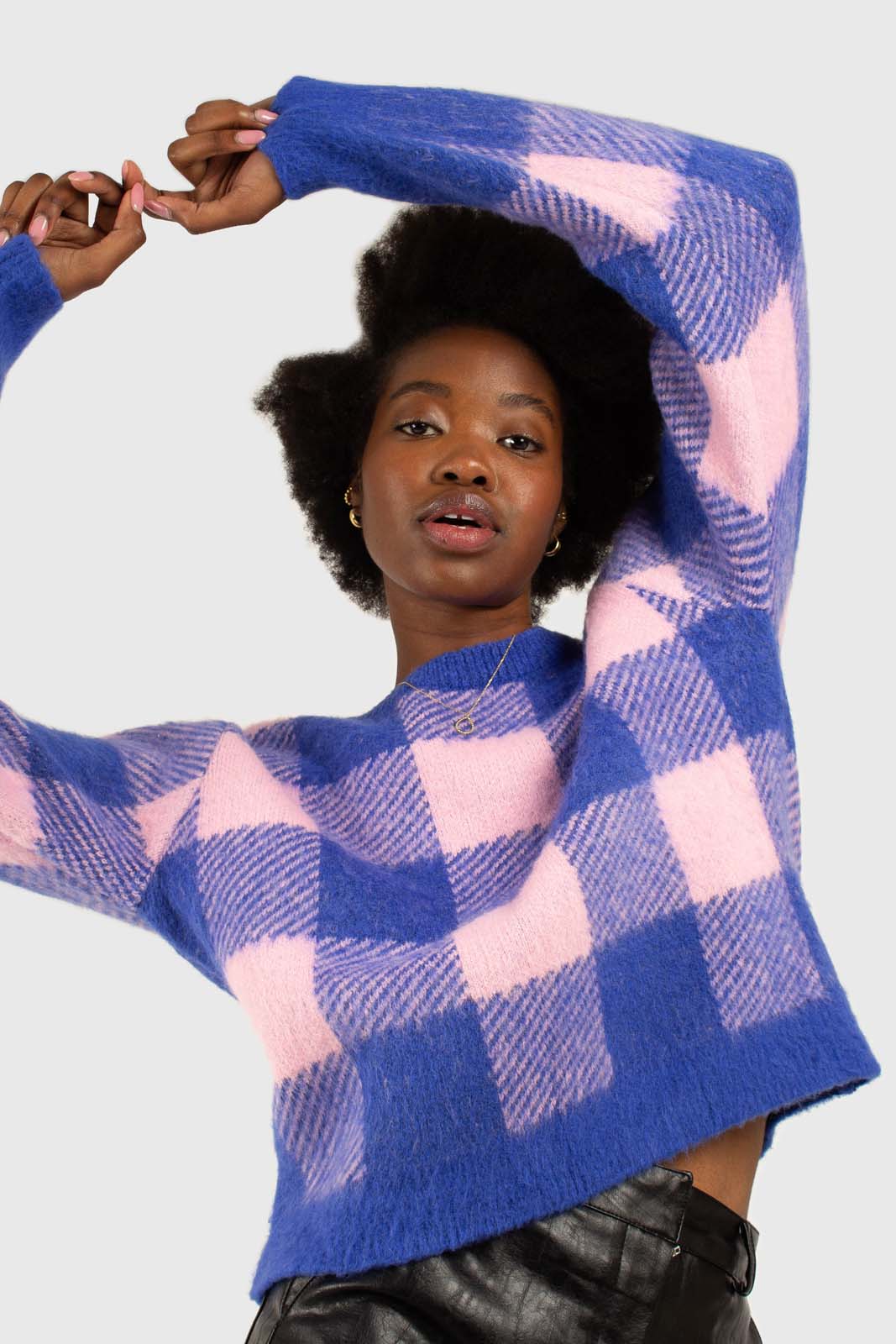 Bright blue and pink block plaid jumper