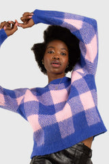 Bright blue and pink block plaid jumper