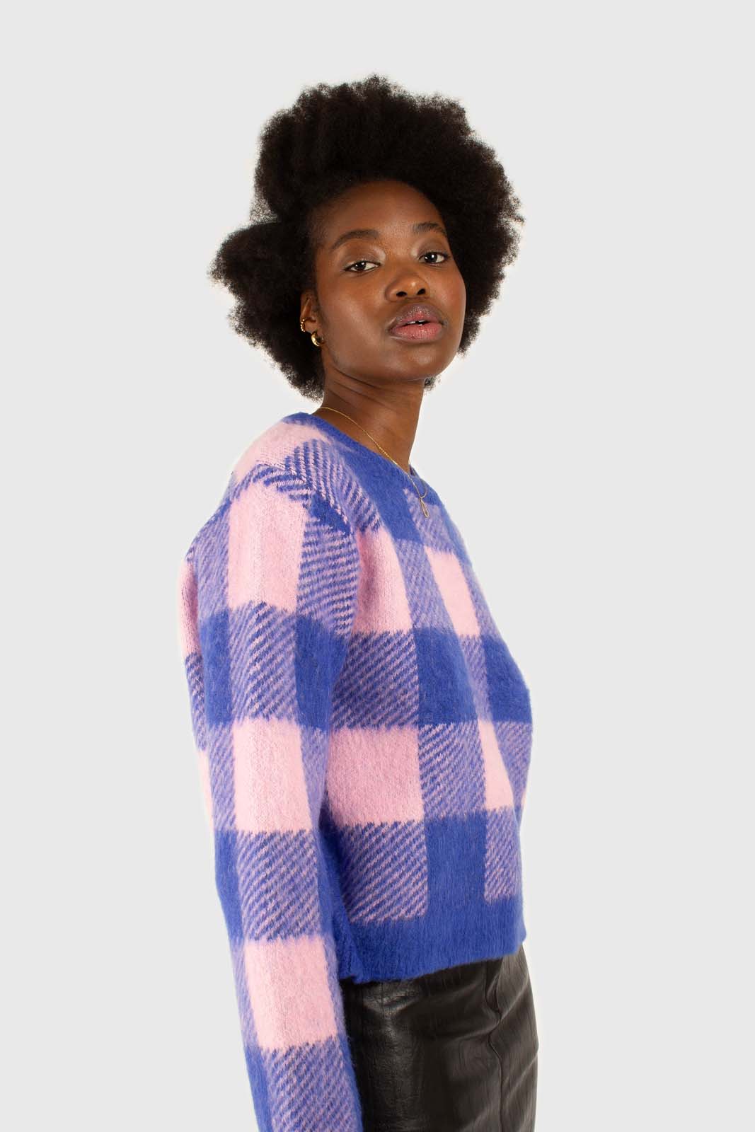 Bright blue and pink block plaid jumper