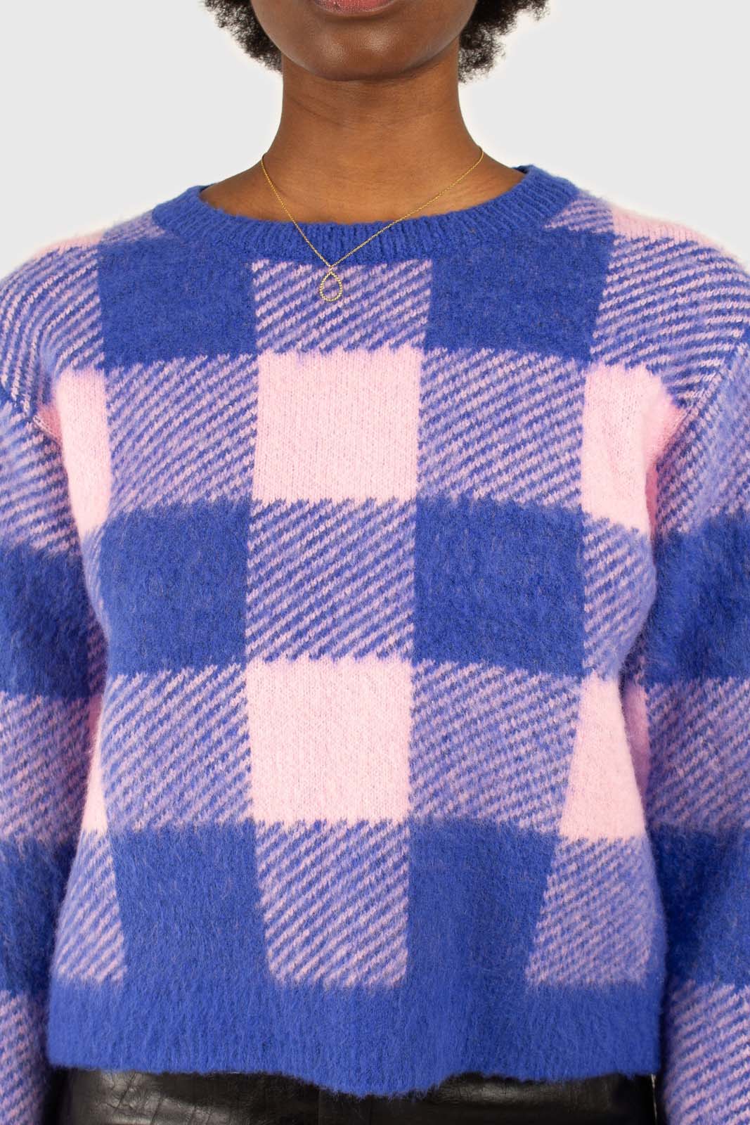 Bright blue and pink block plaid jumper