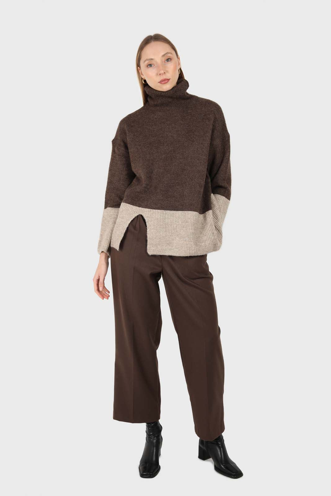 Brown and beige colorblock front slit jumper