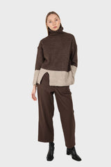 Brown and beige colorblock front slit jumper