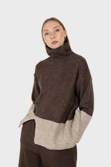 Brown and beige colorblock front slit jumper