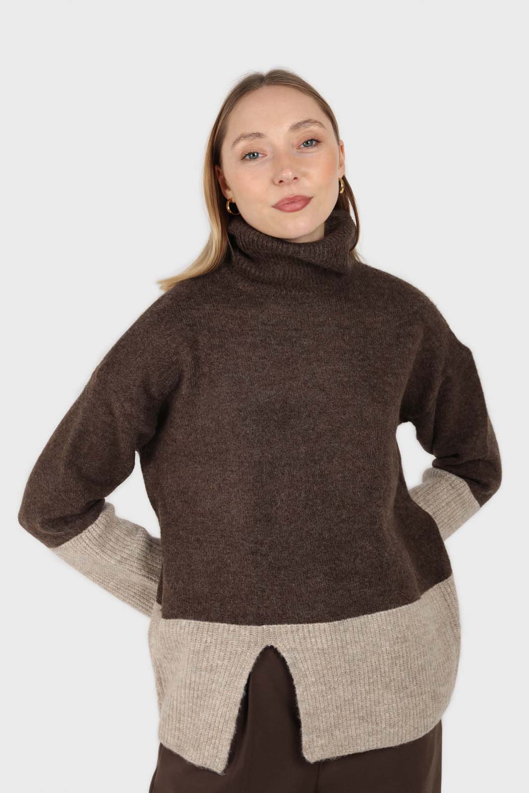 Brown and beige colorblock front slit jumper