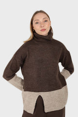 Brown and beige colorblock front slit jumper