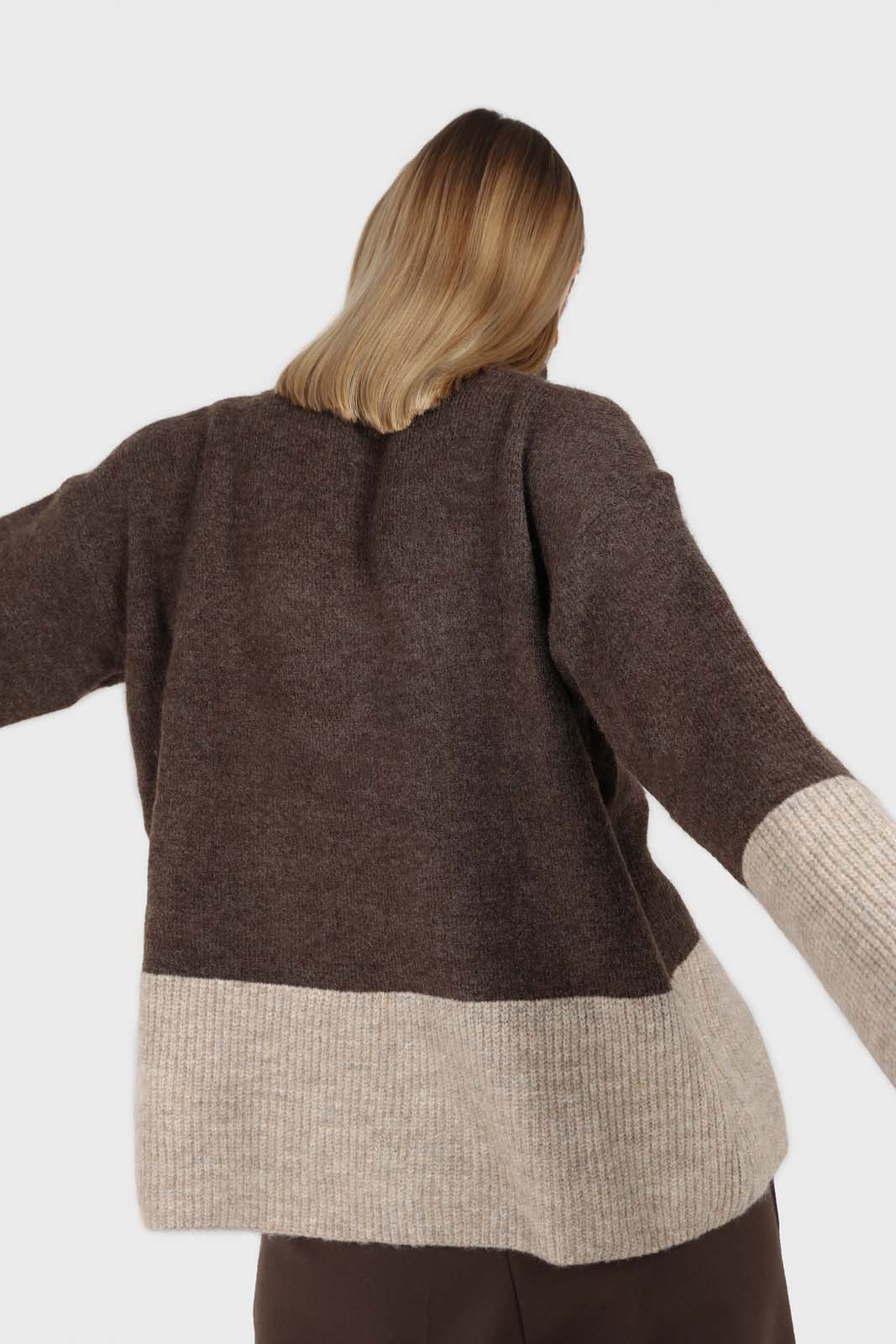Brown and beige colorblock front slit jumper