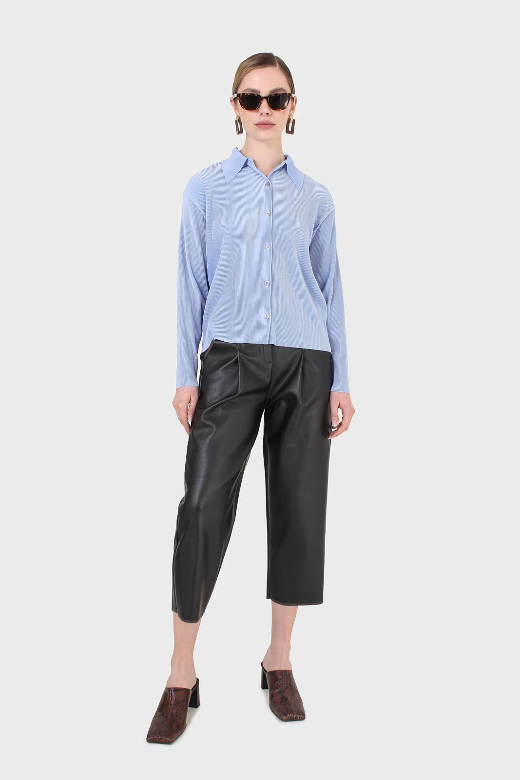 Black vegan leather contrast stitch trousers