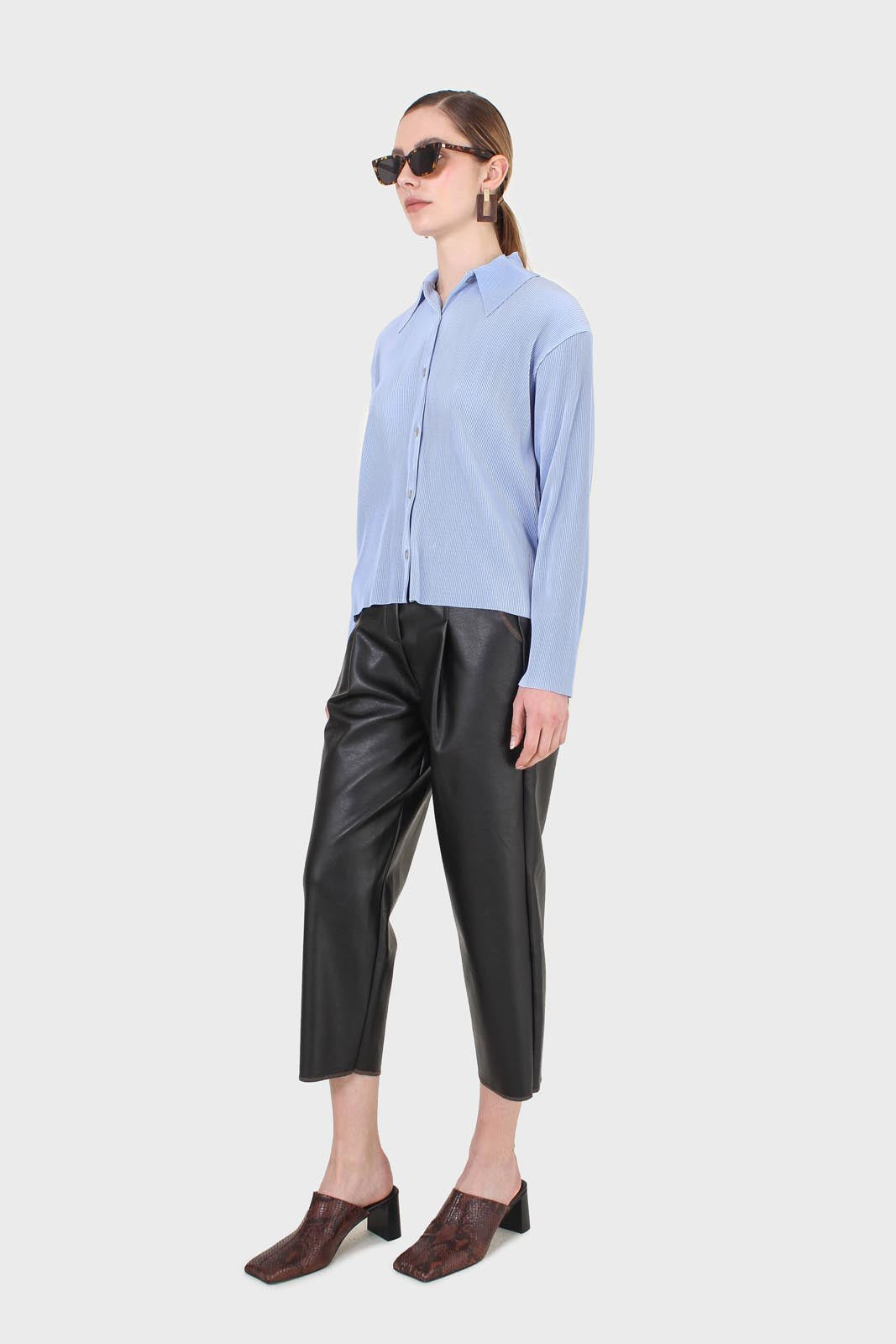 Black vegan leather contrast stitch trousers