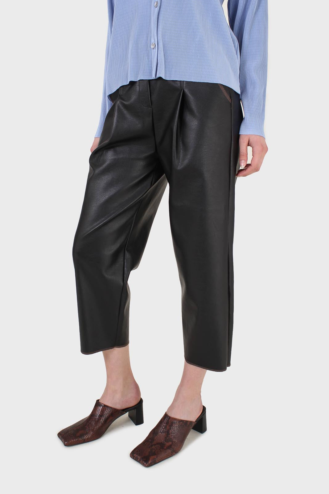 Black vegan leather contrast stitch trousers