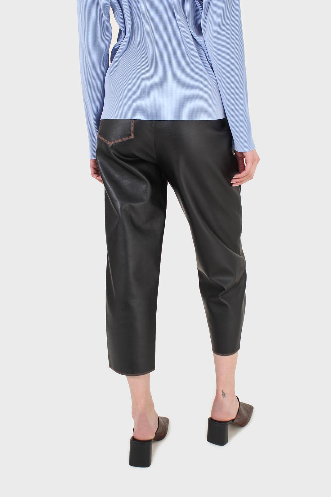 Black vegan leather contrast stitch trousers