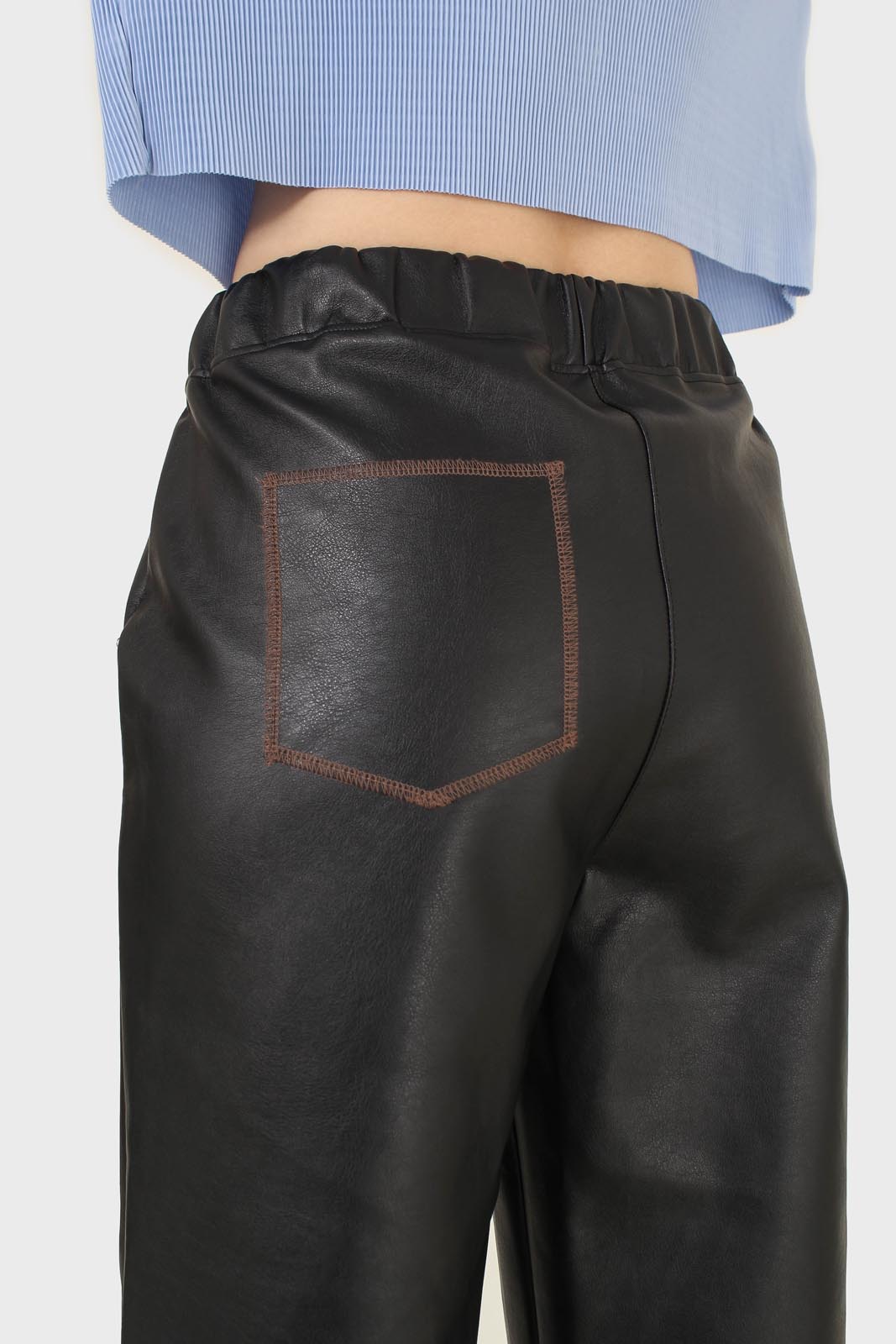 Black vegan leather contrast stitch trousers