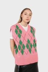 Pink and bright green argyle sweater vest