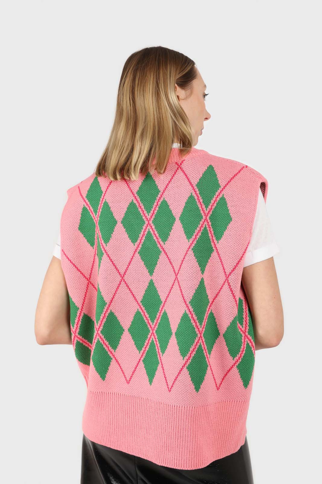 Pink and bright green argyle sweater vest