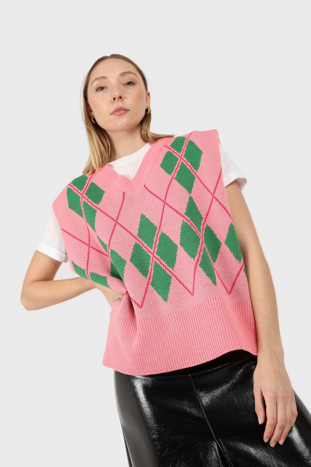 Pink and bright green argyle sweater vest