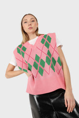 Pink and bright green argyle sweater vest