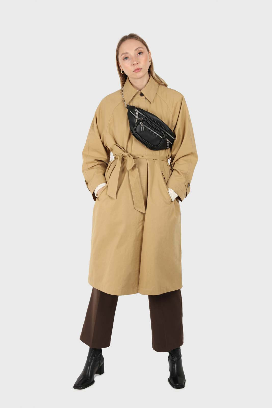 Dark beige single breasted hidden button trench coat