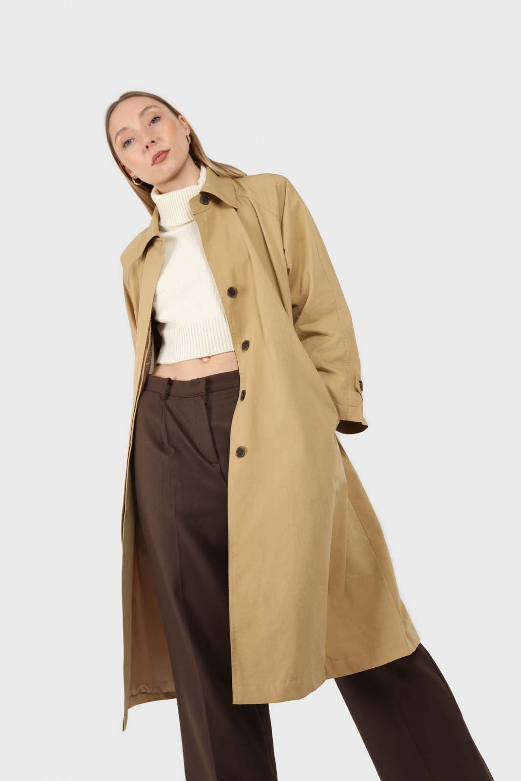 Dark beige single breasted hidden button trench coat