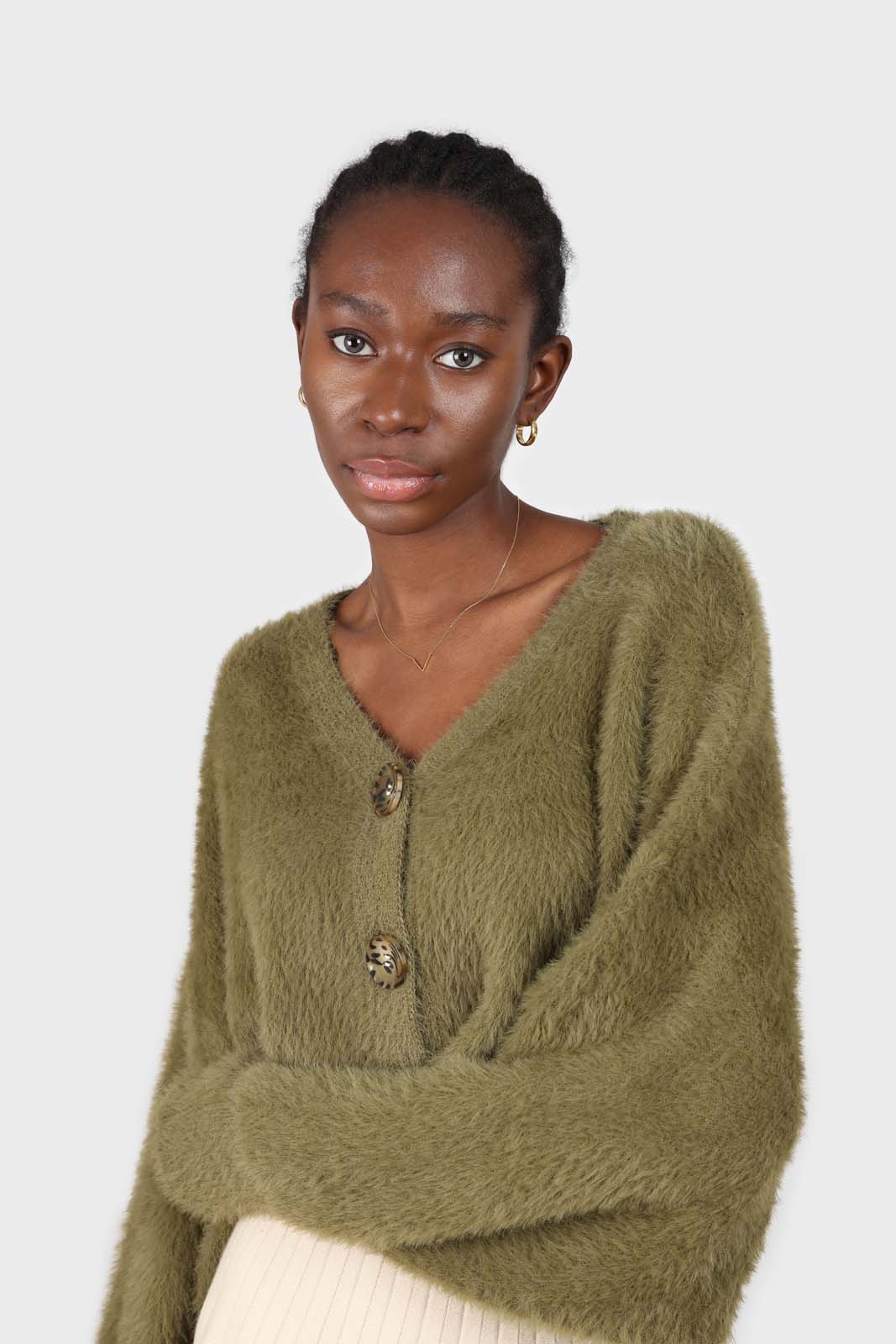 Khaki fuzzy tortoise shell button cardigan