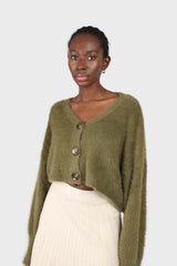 Khaki fuzzy tortoise shell button cardigan