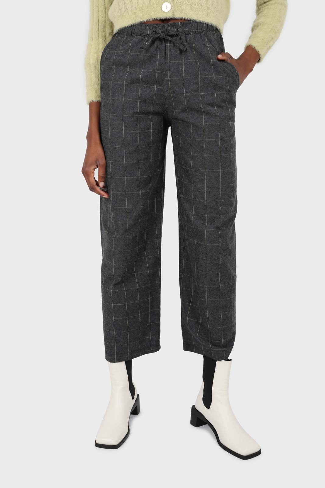Charcoal and white box checked loose fit trousers