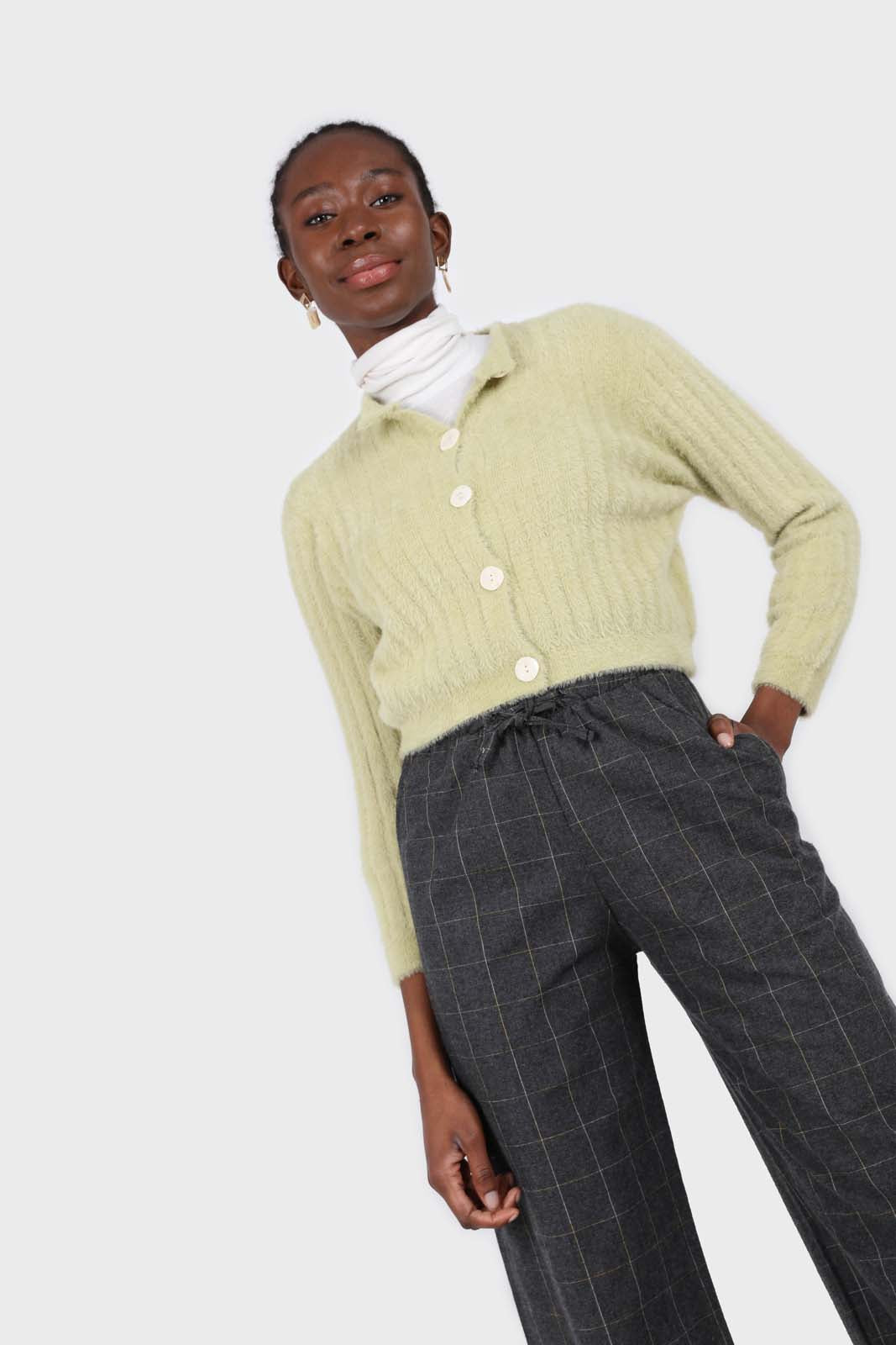 Charcoal and white box checked loose fit trousers