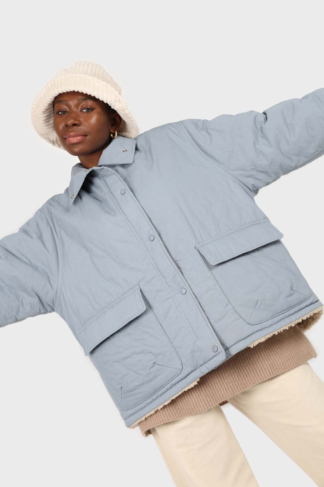 Blue teddy lined cinch back parka