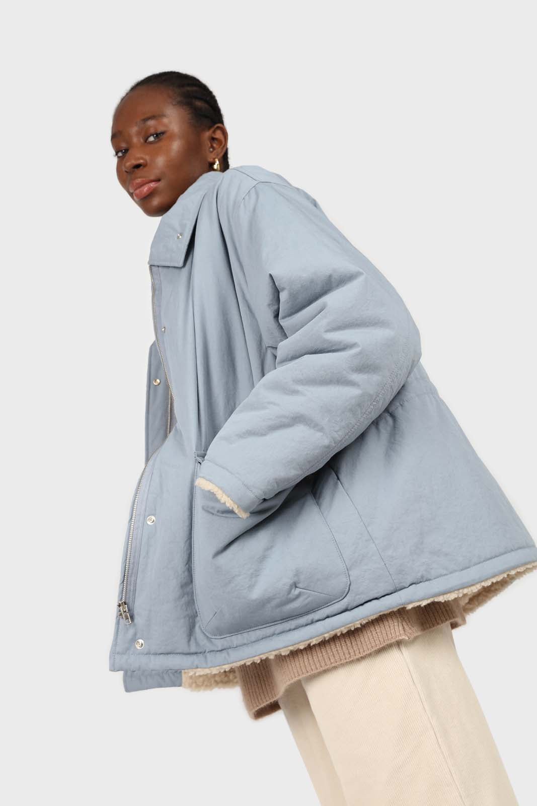 Blue teddy lined cinch back parka