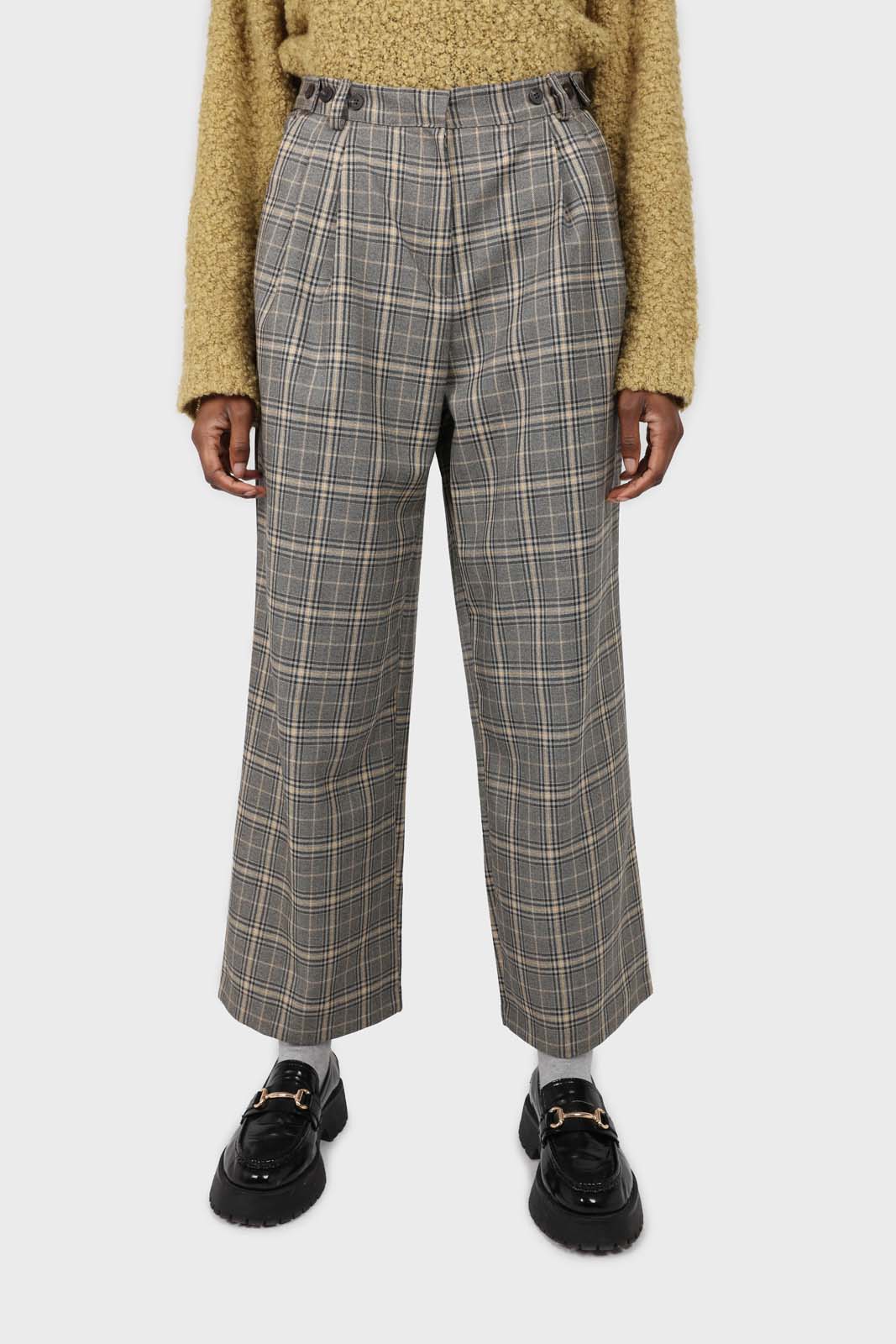 Beige checked side button tailored trousers