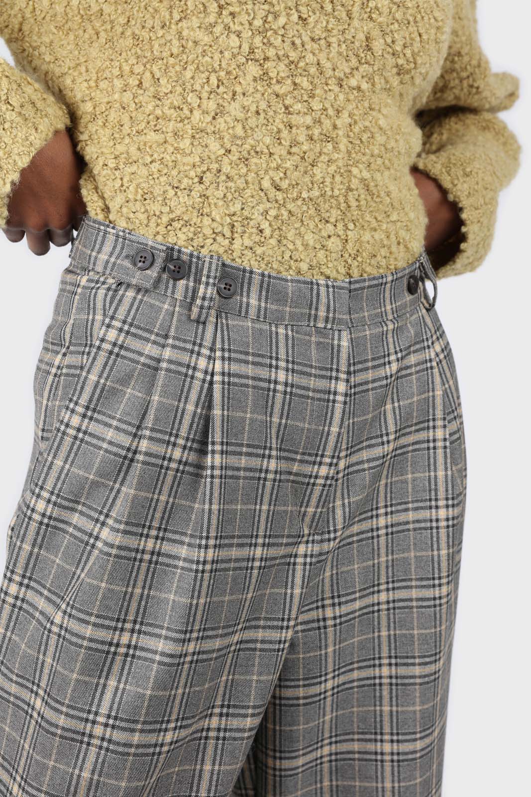 Beige checked side button tailored trousers