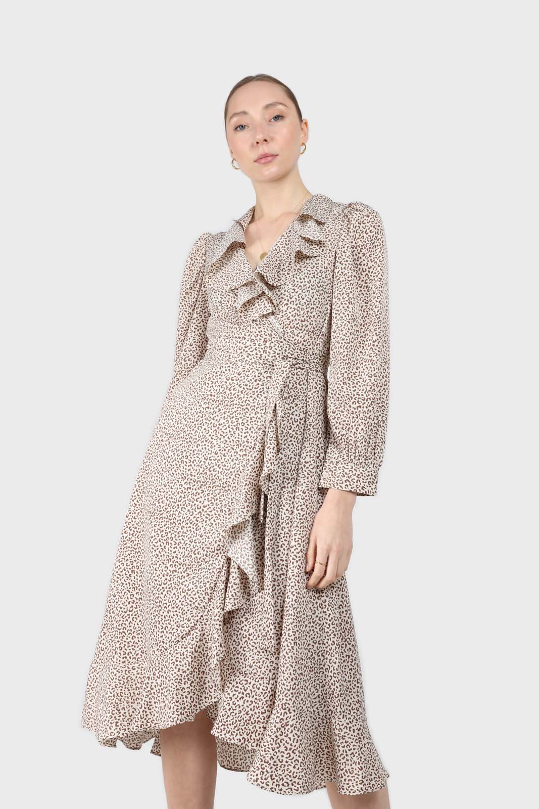 Ivory and brown animal print ruffle trim wrap dress