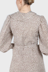 Ivory and brown animal print ruffle trim wrap dress