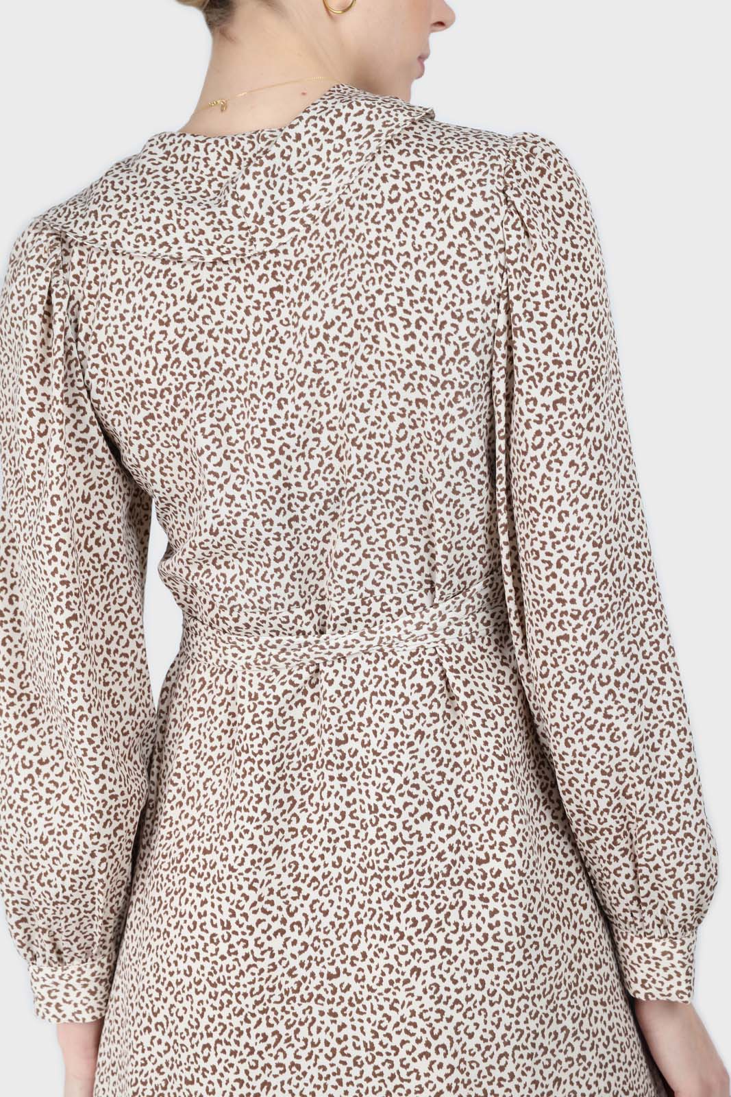 Ivory and brown animal print ruffle trim wrap dress
