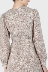Ivory and brown animal print ruffle trim wrap dress