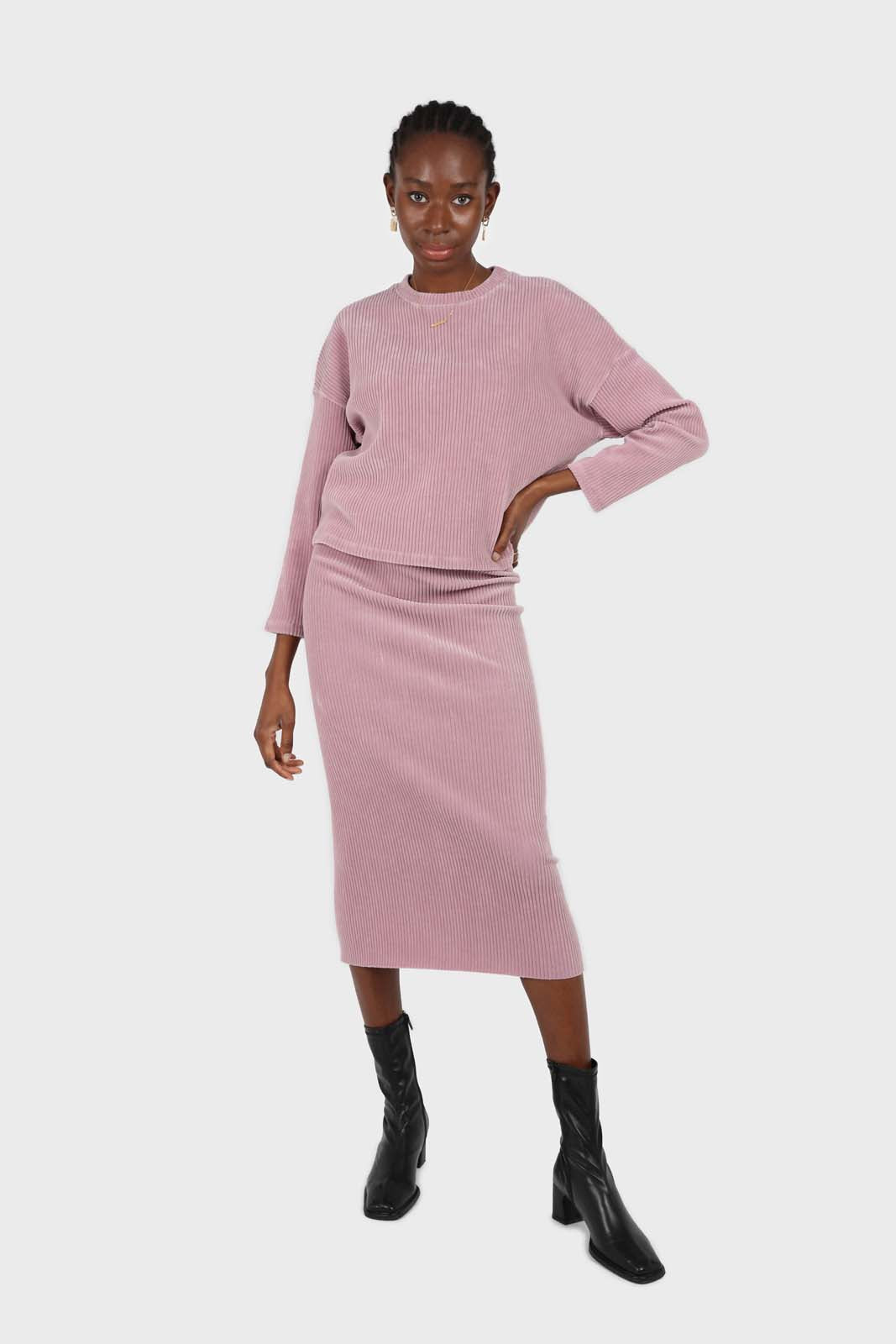Pink ribbed velvet midi skirt
