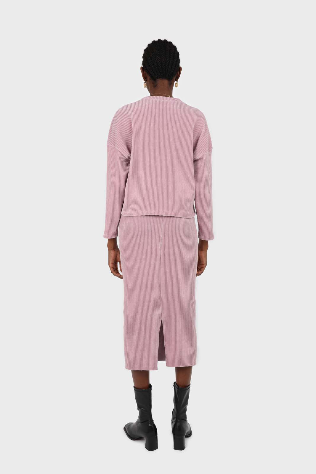 Pink ribbed velvet midi skirt