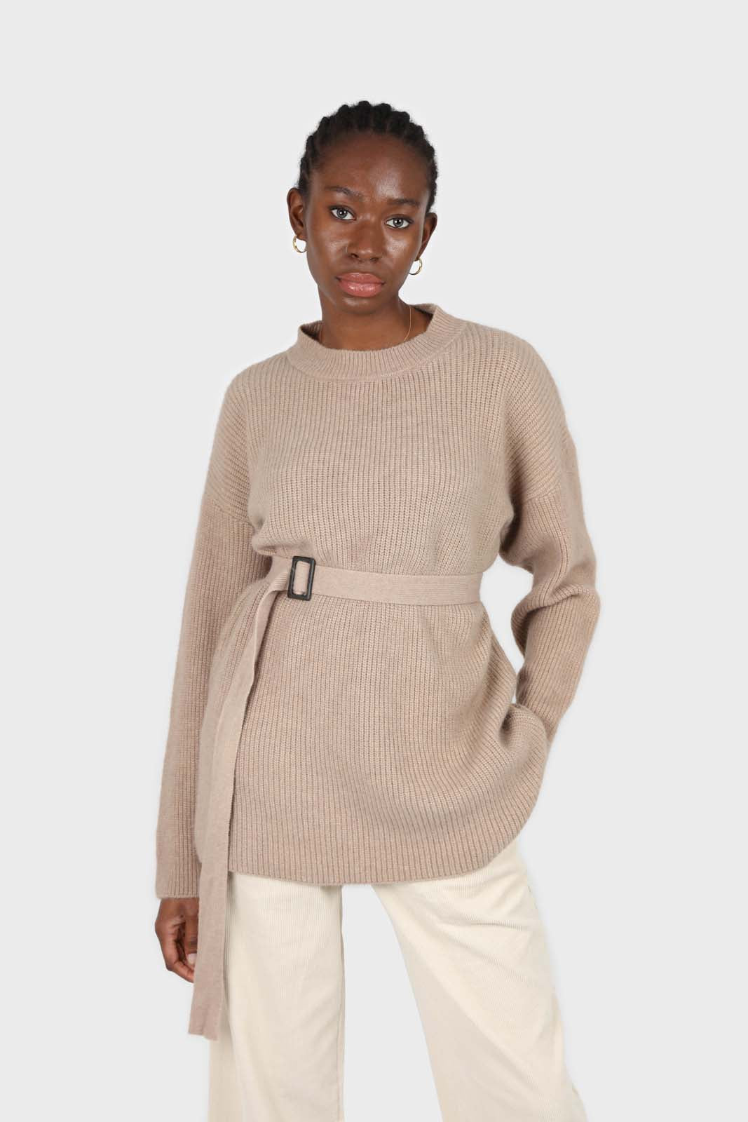 Beige wool blend belted oversized jumper