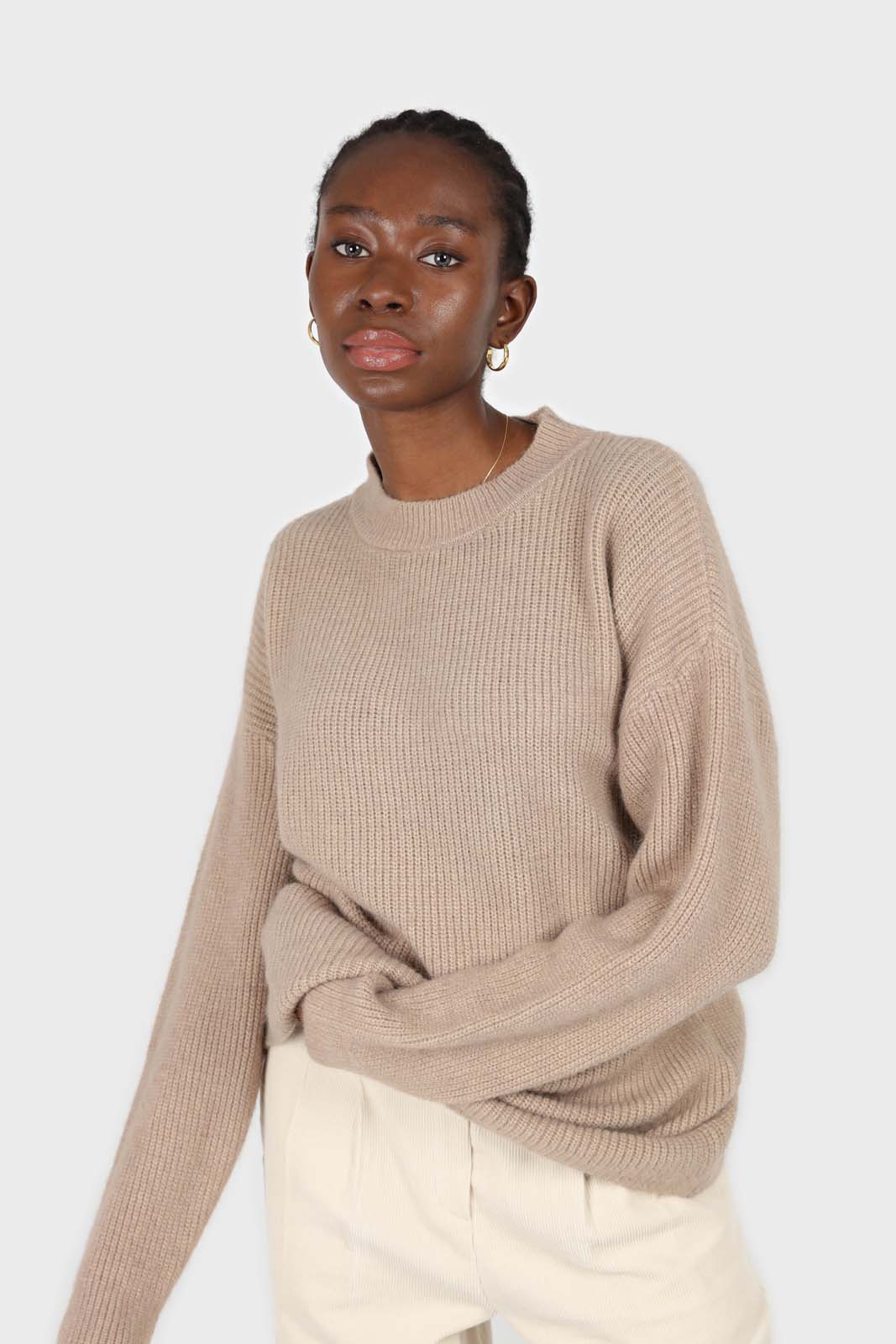 Beige wool blend belted oversized jumper