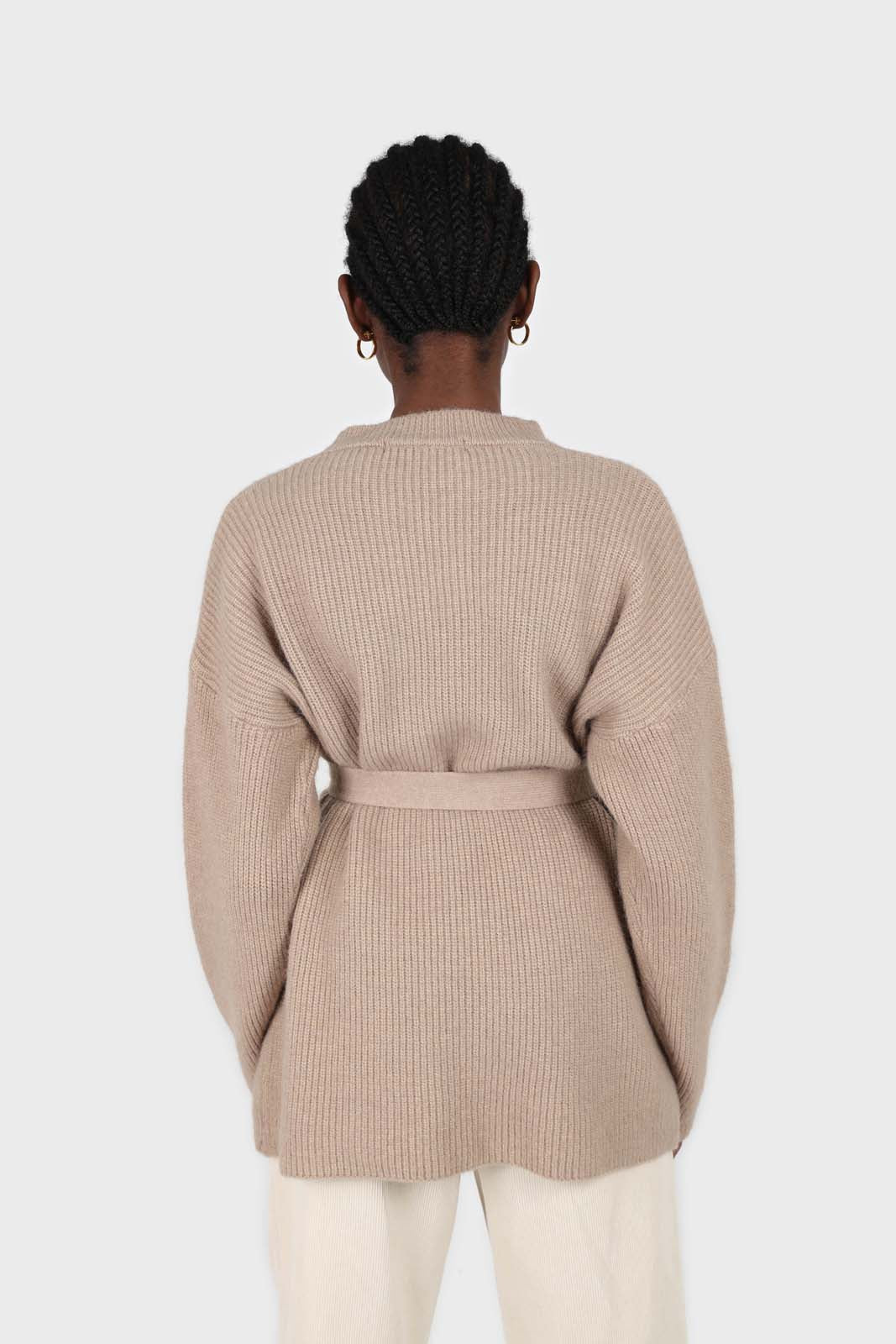 Beige wool blend belted oversized jumper