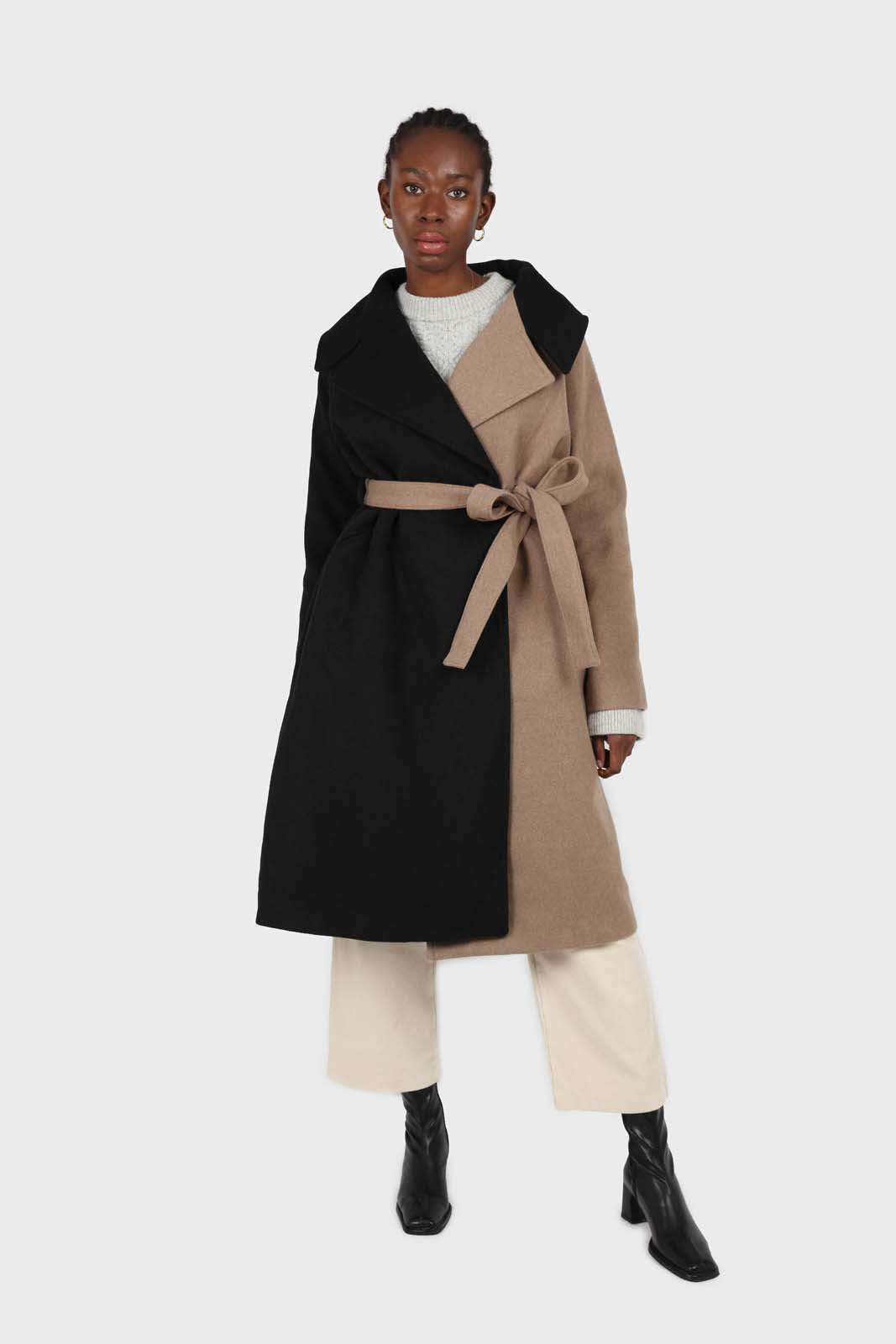 Beige and black wool blend contrast panel belted coat