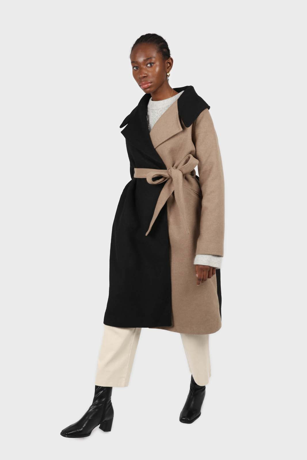 Beige and black wool blend contrast panel belted coat