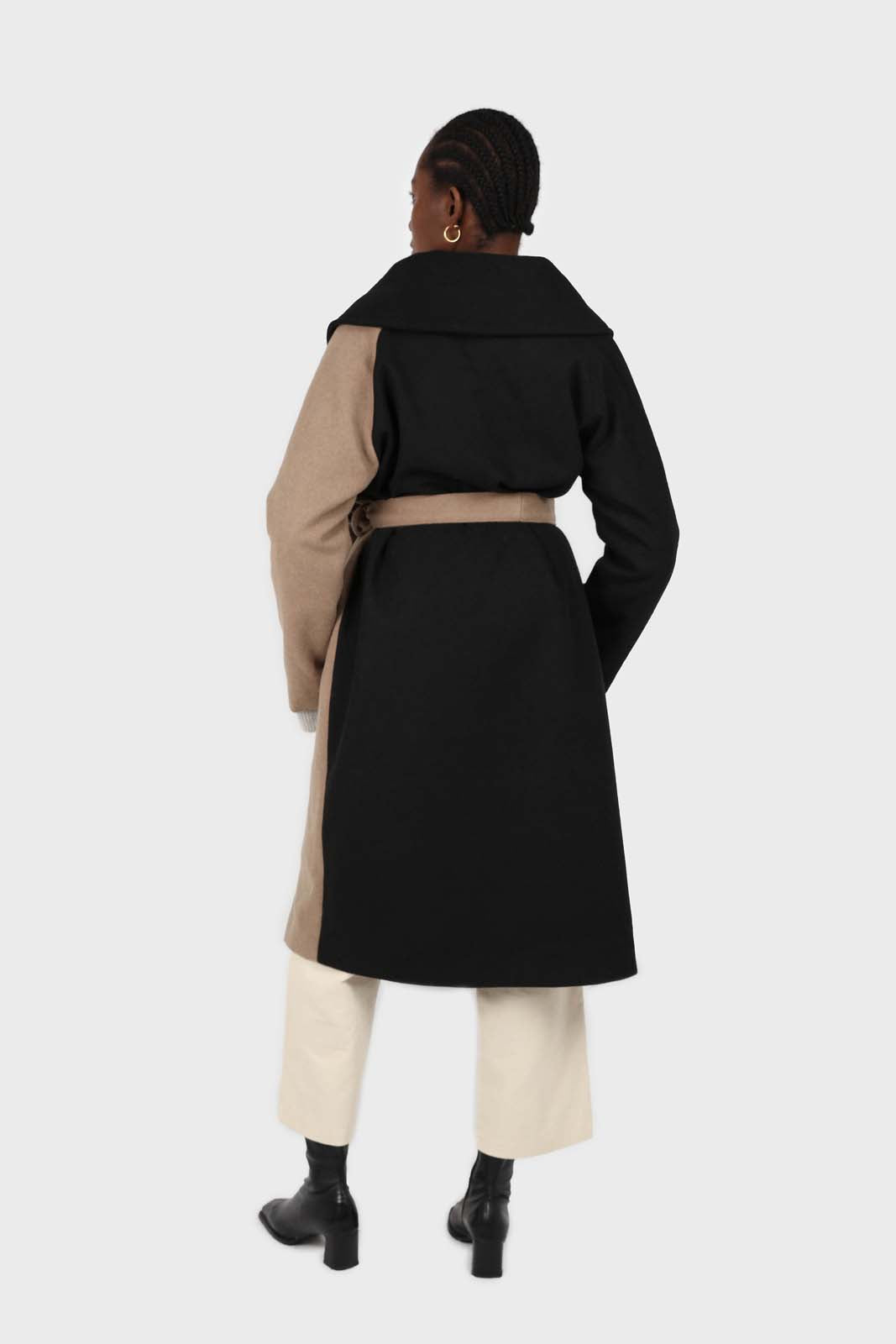 Beige and black wool blend contrast panel belted coat