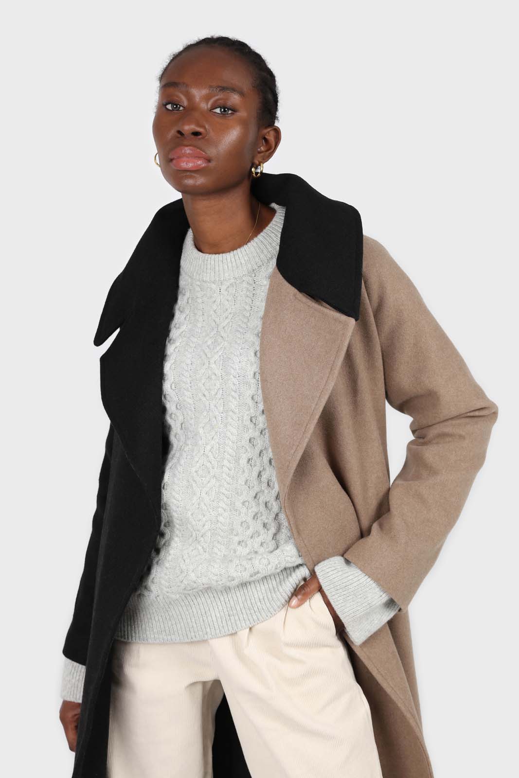 Beige and black wool blend contrast panel belted coat