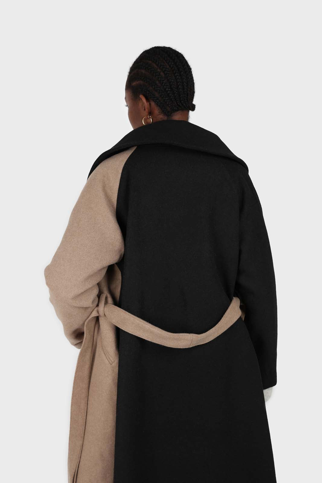 Beige and black wool blend contrast panel belted coat