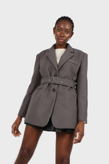 Charcoal wool blend oversized belted blazer