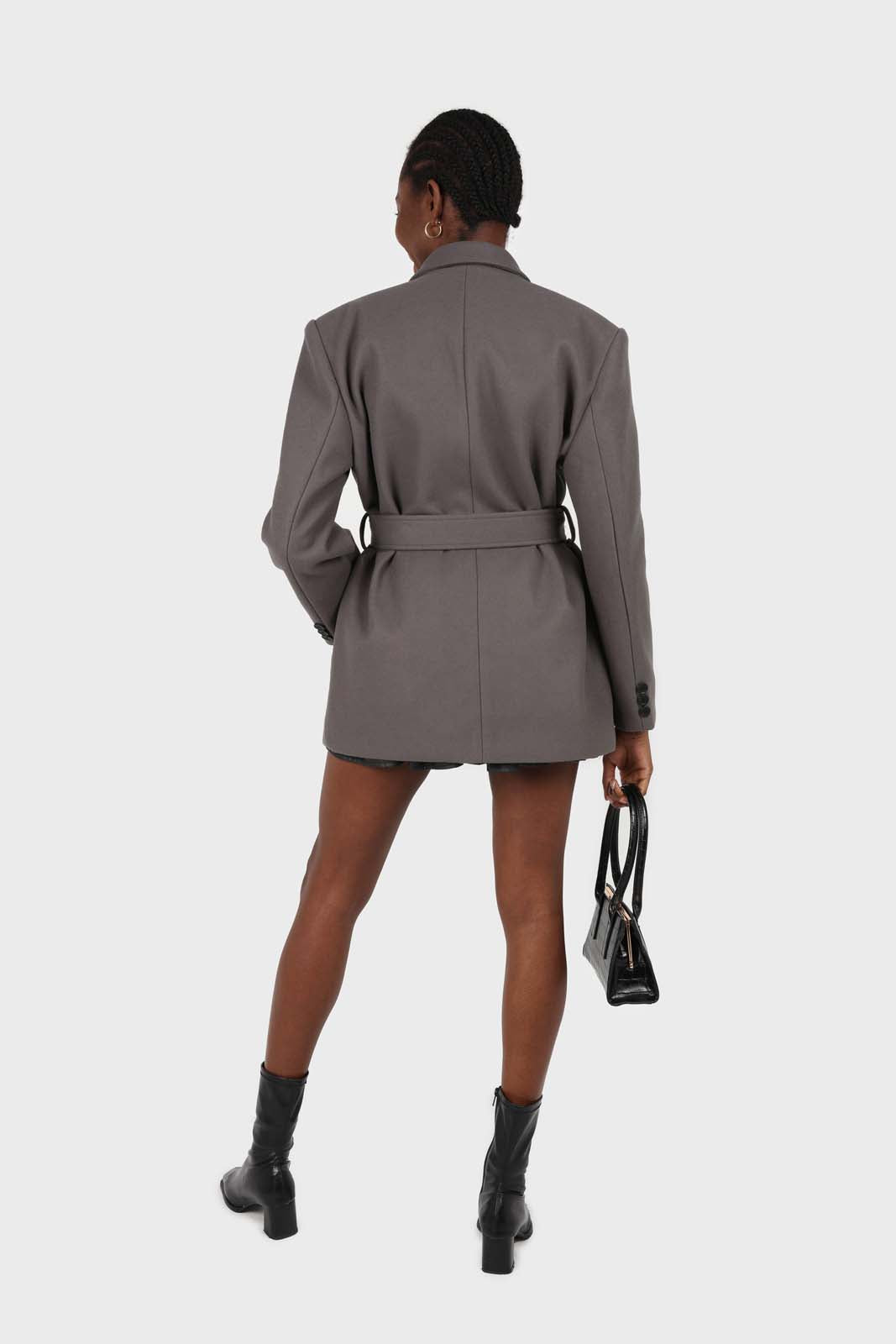 Charcoal wool blend oversized belted blazer