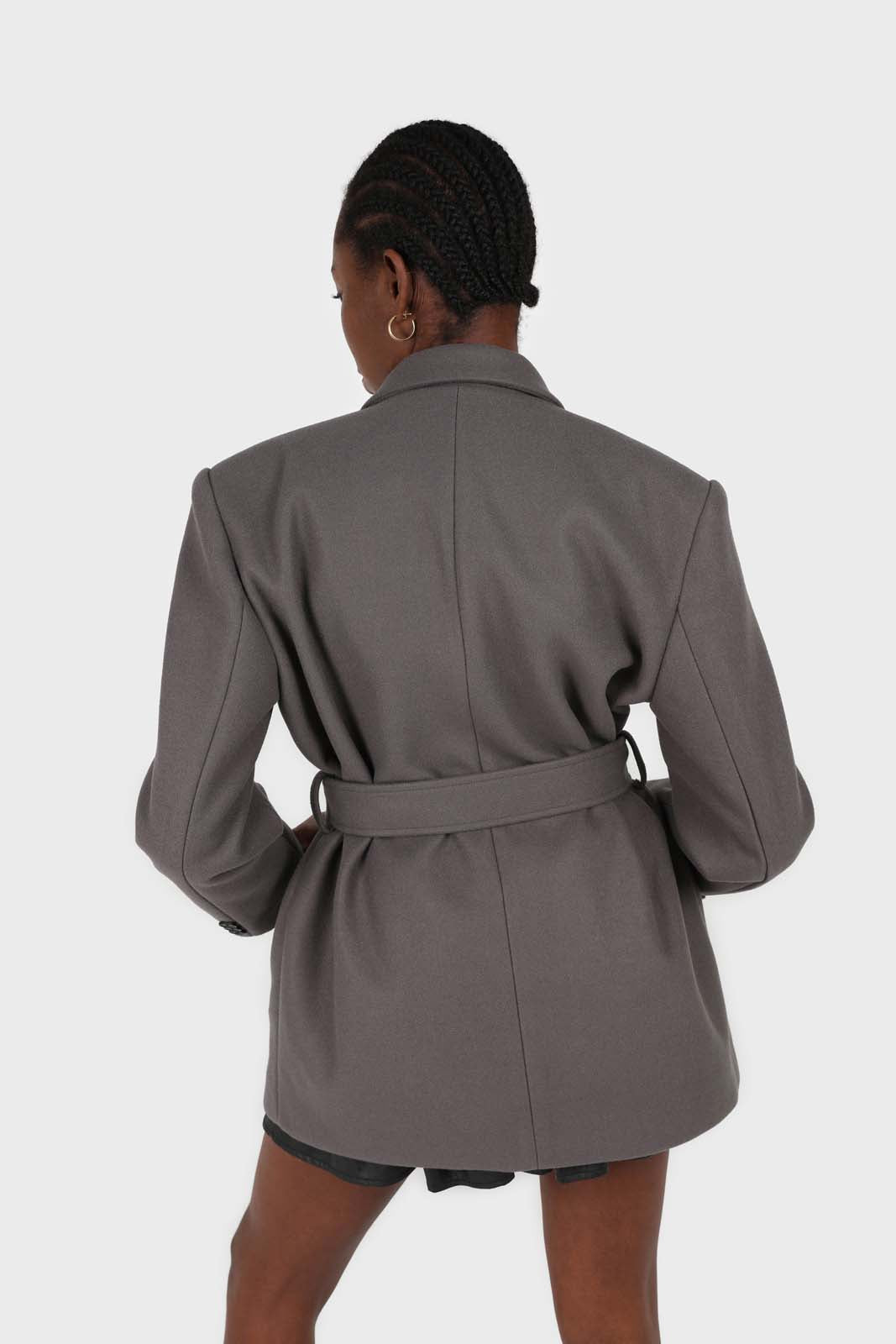 Charcoal wool blend oversized belted blazer
