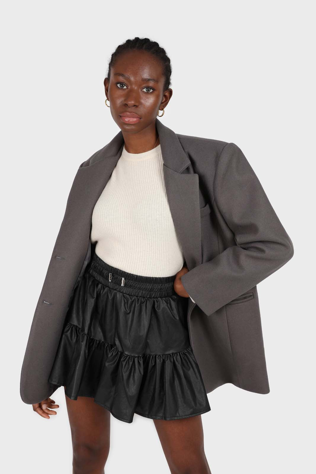 Charcoal wool blend oversized belted blazer