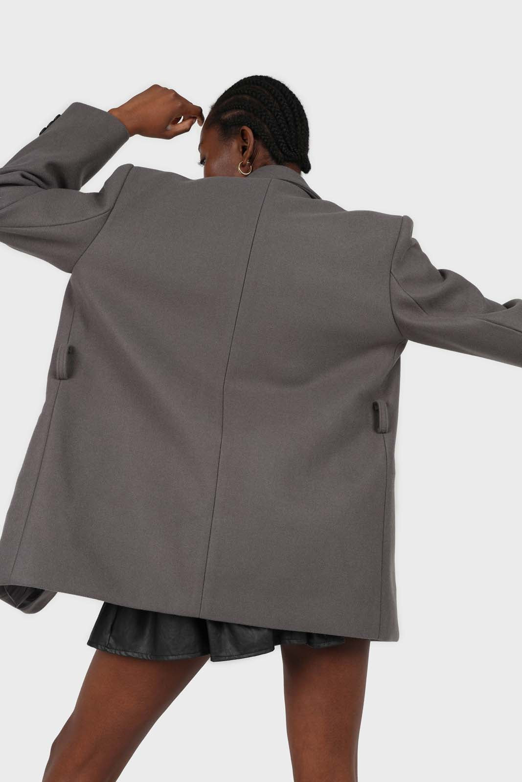 Charcoal wool blend oversized belted blazer