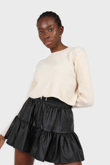 Black shiny vegan leather tiered mini skirt