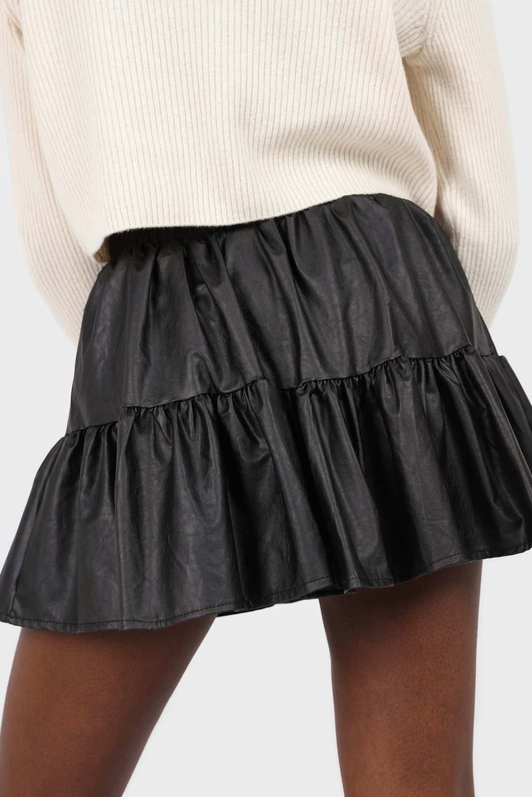 Black shiny vegan leather tiered mini skirt